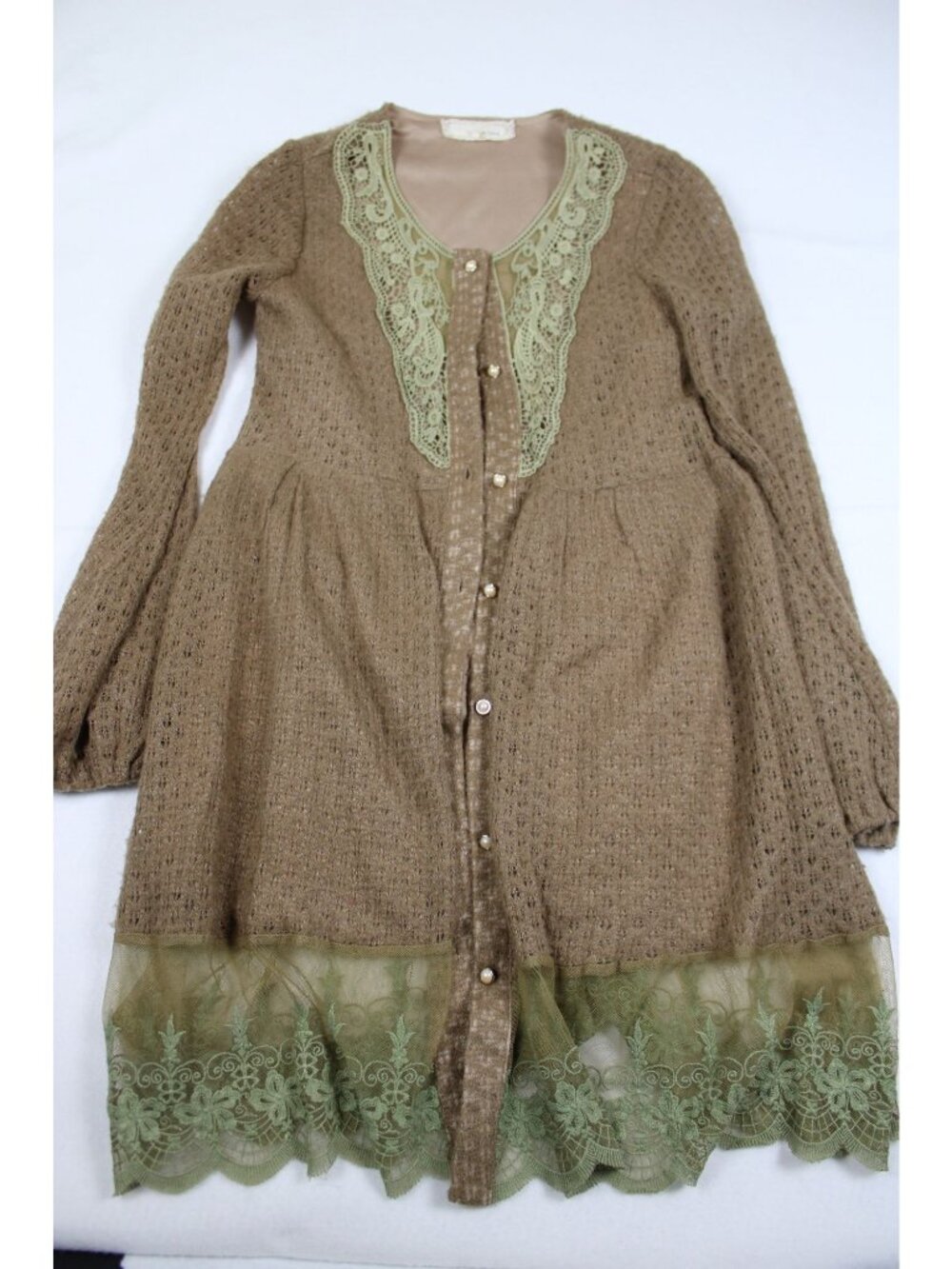 AReve Lace Trimmed Knit Cardigan In Taupe & Green With Button Front & Flared Hem